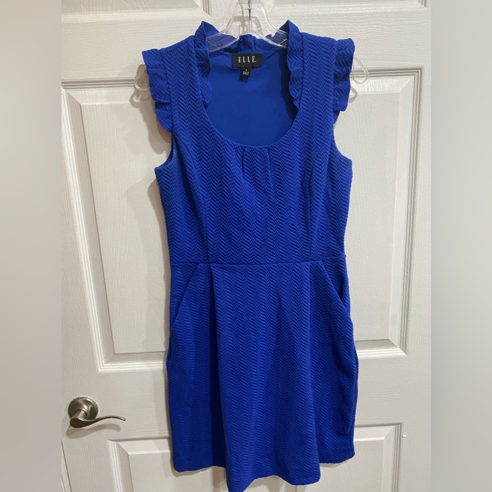 Elle Dress Women Size 6 Royal Blue , Ruffle Neckline & Arms , Sleeveless